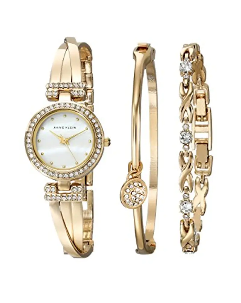 Anne Klein - Set con orologio da donna a bracciale rigido impreziosito da cristalli di alta qualità e bracciale, Oro