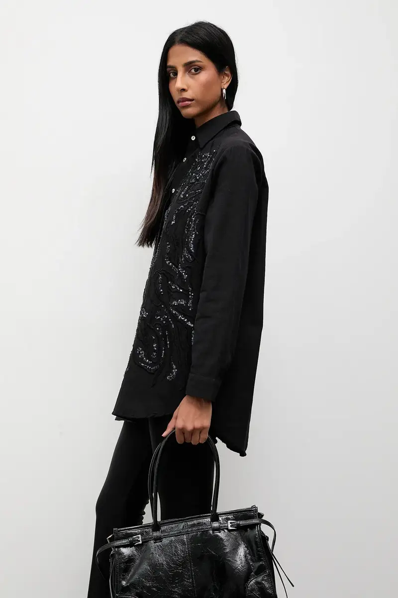 camicia in cotone donna colore nero miniatura 5