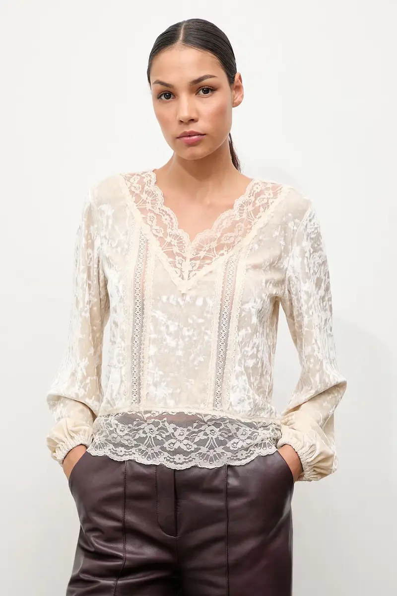 camicia in velluto donna colore beige miniatura 4