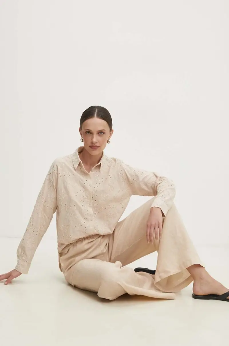 pantaloni in lino colore beige miniatura 2