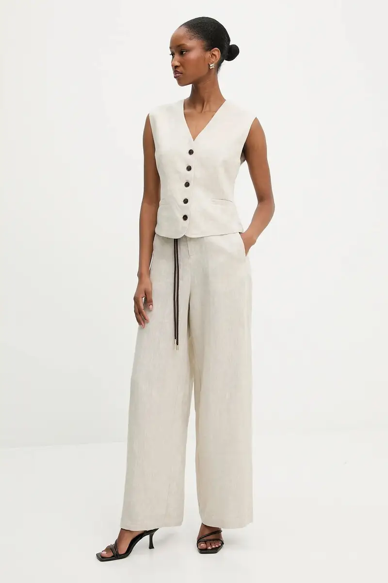 pantaloni in lino donna colore beige miniatura 2