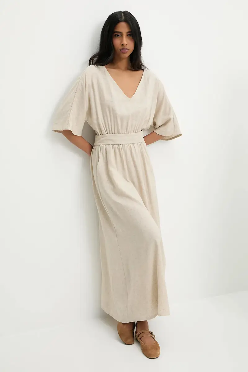 vestito con aggiunta di lino colore beige miniatura 2