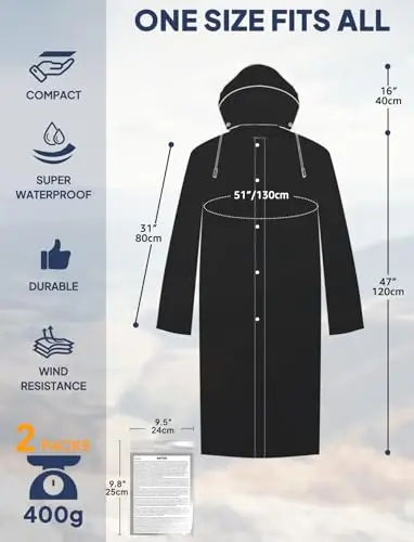 ANYOO Confezione da 2 Poncho Antipioggia Unisex con Maniche, Giacca Impermeabile Lunga con Cappuccio con Spazio Extra miniatura 2