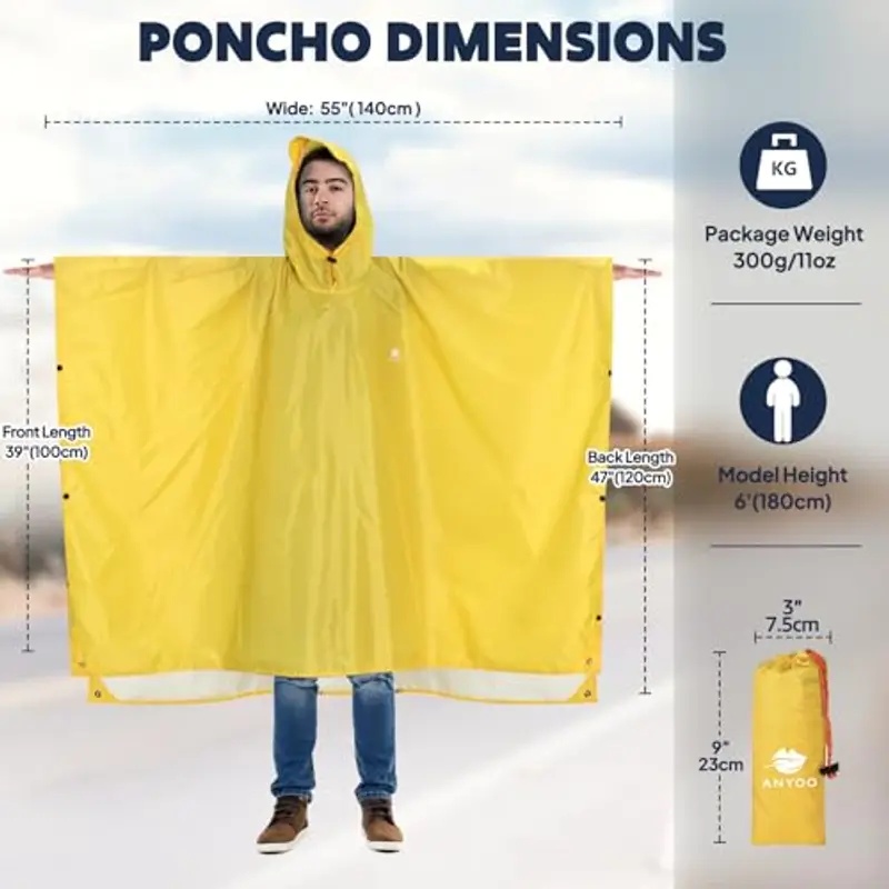 ANYOO Impermeabile Poncho Pioggia Riutilizzabile Multiuso Impermeabile con Cappuccio Packable Telo Riparo a Terra Foglio Ideale per Campeggio all'aperto Pesca Pesca Sopravvivenza, Giallo, Taglia unica miniatura 2