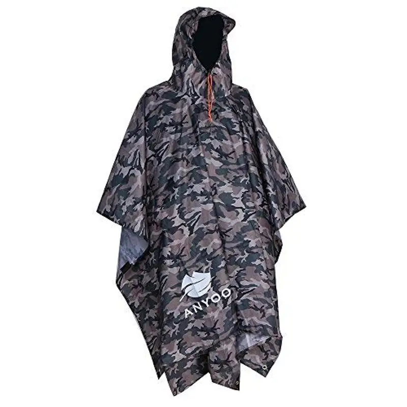 ANYOO Impermeabile Poncho Pioggia Riutilizzabile Multiuso Impermeabile con Cappuccio Packable Telo Riparo a Terra Foglio Ideale per Campeggio all'aperto Pesca Sopravvivenza,Camo,Taglia Unica