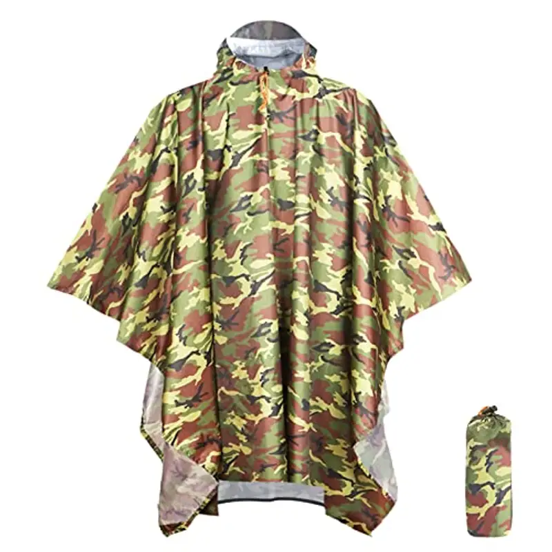ANYOO Impermeabile Poncho Pioggia Riutilizzabile Multiuso Impermeabile con Cappuccio Packable Telo Riparo a Terra Foglio Ideale per Campeggio all'aperto Pesca Sopravvivenza,Camo,Taglia Unica