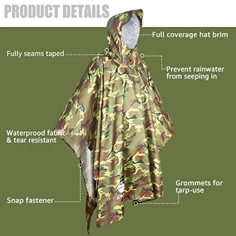 ANYOO Impermeabile Poncho Pioggia Riutilizzabile Multiuso Impermeabile con Cappuccio Packable Telo Riparo a Terra Foglio Ideale per Campeggio all'aperto Pesca Sopravvivenza, Camo, Taglia Unica miniatura 2