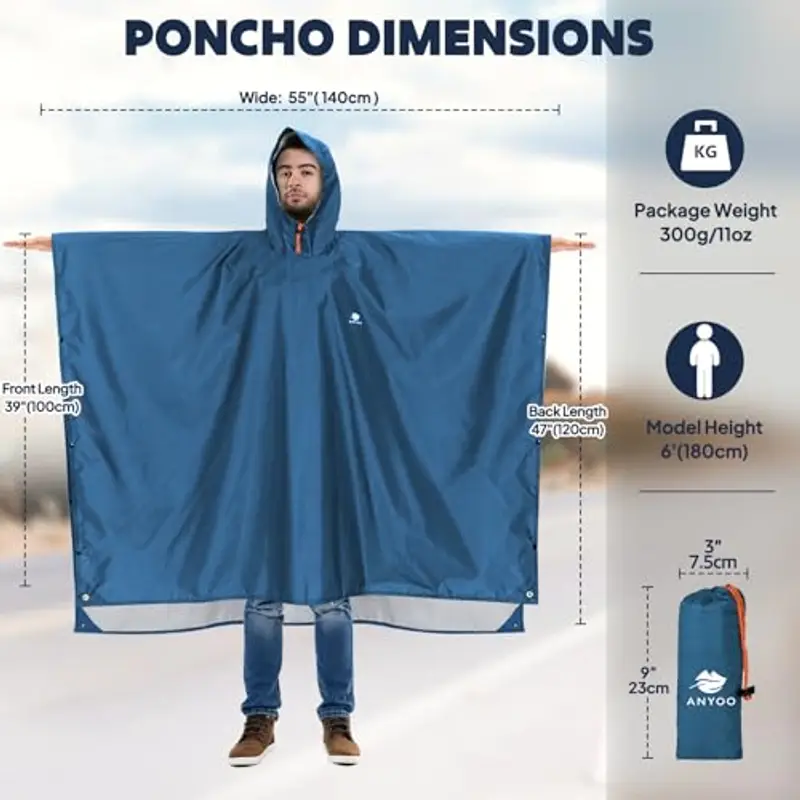 ANYOO Impermeabile Poncho Pioggia Riutilizzabile Multiuso Impermeabile con Cappuccio Packable Telo Riparo a Terra Foglio Ideale per Campeggio all'aperto Pesca Sopravvivenza, Mare Blu, Taglia unica miniatura 2