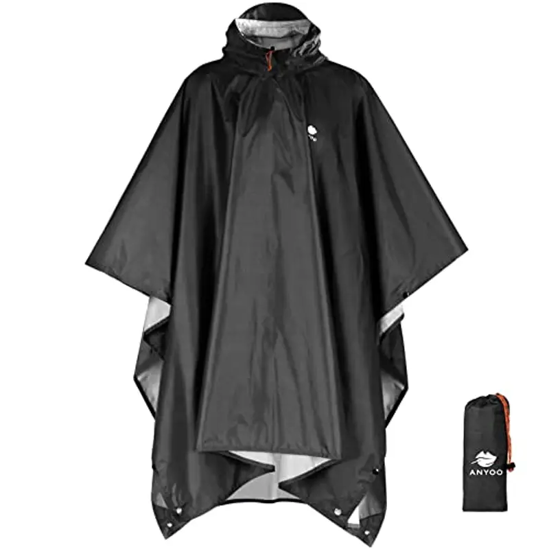 ANYOO Impermeabile Poncho Pioggia Riutilizzabile Multiuso Impermeabile con Cappuccio Packable Telo Riparo a Terra Foglio Ideale per Campeggio all'aperto Pesca Sopravvivenza, Nero, Taglia unica