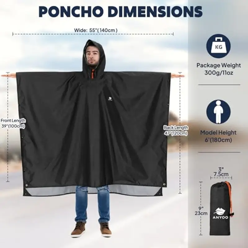 ANYOO Impermeabile Poncho Pioggia Riutilizzabile Multiuso Impermeabile con Cappuccio Packable Telo Riparo a Terra Foglio Ideale per Campeggio all'aperto Pesca Sopravvivenza, Nero, Taglia unica miniatura 2