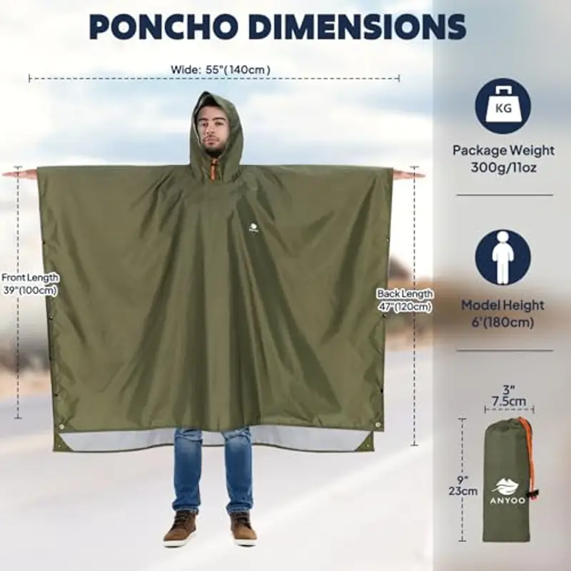 ANYOO Impermeabile Poncho Pioggia Riutilizzabile Multiuso Impermeabile con Cappuccio Packable Telo Riparo a Terra Foglio Ideale per Campeggio all'aperto Pesca Sopravvivenza, Verde, Taglia unica miniatura 2