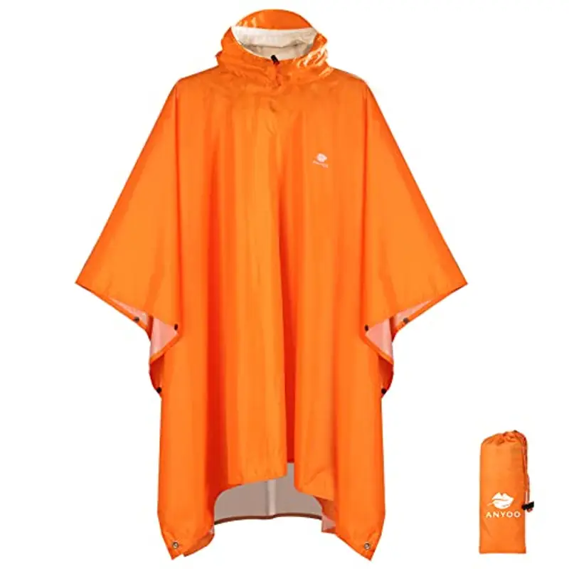ANYOO Impermeabile Poncho Pioggia Riutilizzabile Multiuso Impermeabile con Cappuccio Packable Telo Riparo a Terra Foglio per Campeggio all'aperto Pesca Sopravvivenza,Arancione,Taglia unica