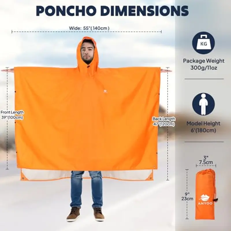 ANYOO Impermeabile Poncho Pioggia Riutilizzabile Multiuso Impermeabile con Cappuccio Packable Telo Riparo a Terra Foglio per Campeggio all'aperto Pesca Sopravvivenza, Arancione, Taglia unica miniatura 2