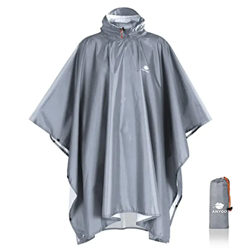 ANYOO Impermeabile Poncho Pioggia Riutilizzabile Multiuso Impermeabile con Cappuccio Packable Telo Riparo a Terra Foglio per Campeggio all'aperto Pesca Sopravvivenza, Grigio chiaro, Taglia unica