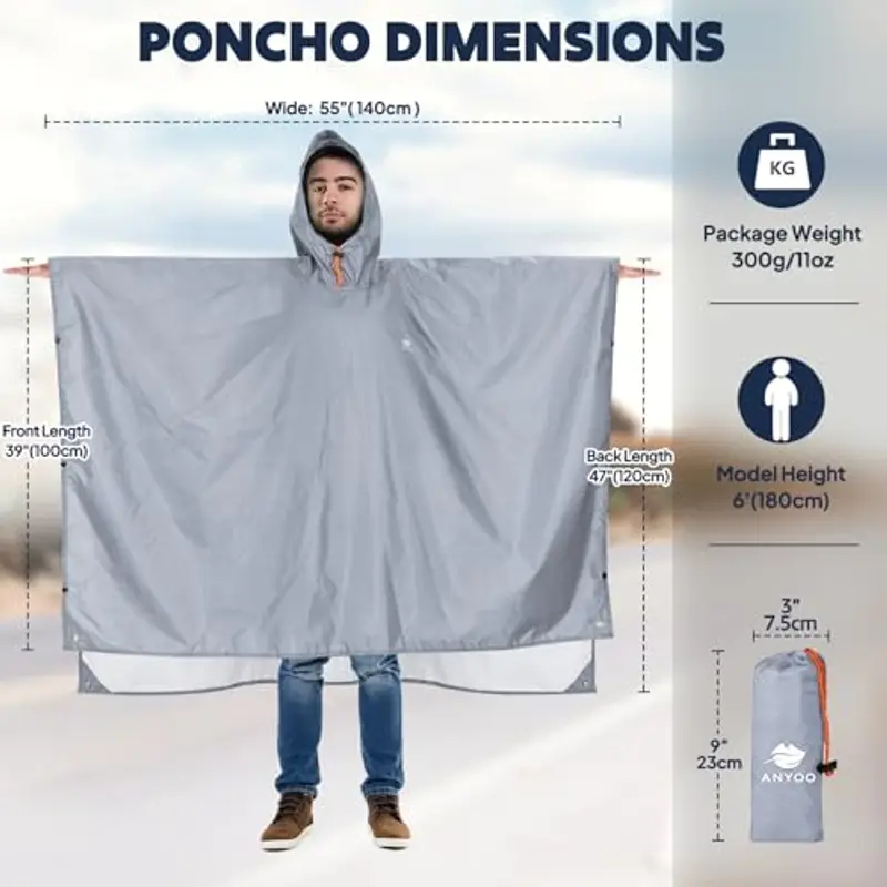 ANYOO Impermeabile Poncho Pioggia Riutilizzabile Multiuso Impermeabile con Cappuccio Packable Telo Riparo a Terra Foglio per Campeggio all'aperto Pesca Sopravvivenza, Grigio chiaro, Taglia unica miniatura 2