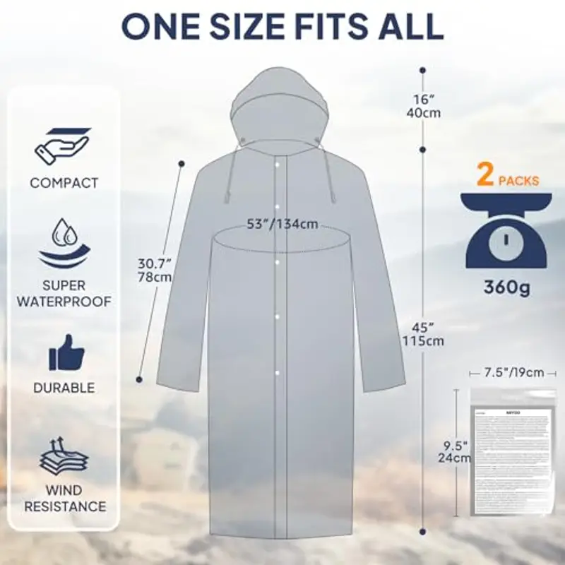 ANYOO Poncho Antipioggia Impermeabile per Adulti, 2 Pezzi Giacca Antipioggia con Cappuccio Riutilizzabile con Maniche miniatura 2