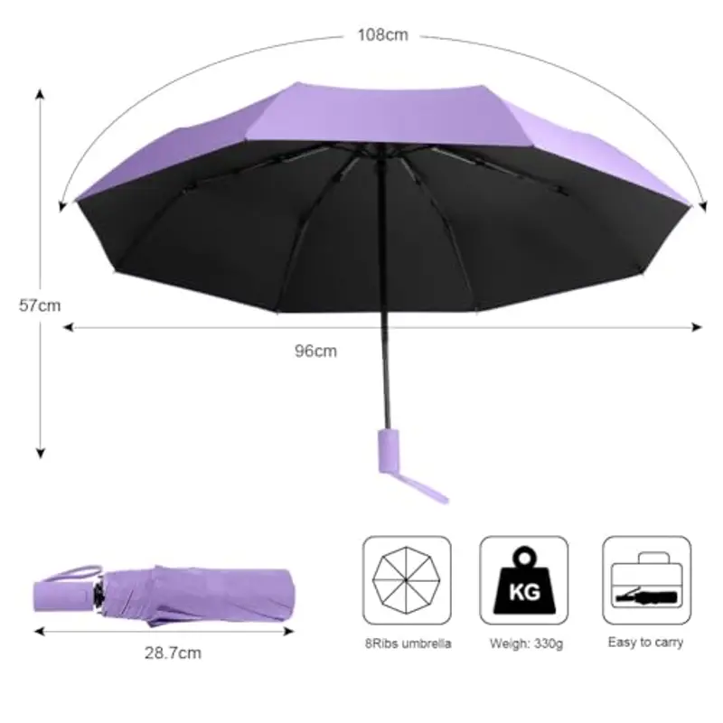 Aolso Automatica Ombrello Pieghevole, Ombrello Compatto con 8 Nervature in Fibra di Vetro, Viaggio Ombrello Anti-tempesta Rivestimento in Teflon 210T, UPF>50+ Ombrello da Sole/Pioggia (Viola) miniatura 2