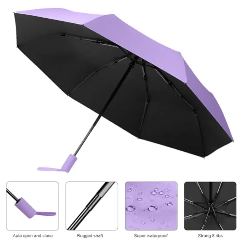 Aolso Automatica Ombrello Pieghevole, Ombrello Compatto con 8 Nervature in Fibra di Vetro, Viaggio Ombrello Anti-tempesta Rivestimento in Teflon 210T, UPF>50+ Ombrello da Sole/Pioggia (Viola) miniatura 3
