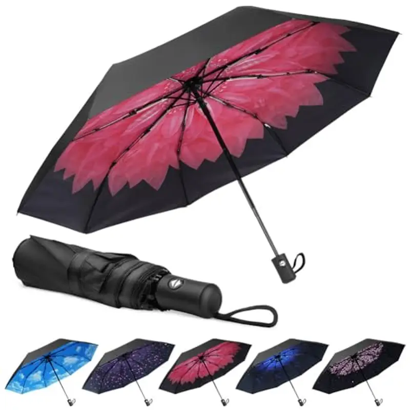 Aolso Ombrello Pieghevole Antivento, Chiusura Automatica Ombrello Pieghevole, Ombrello pieghevole compatto anti-tempesta, UPF>50+ Ombrello da Sole, Ombrello Automatico a 8 Stecche (Anguria Rossa)