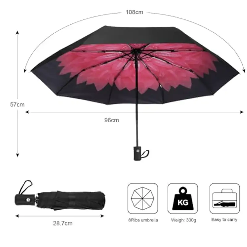 Aolso Ombrello Pieghevole Antivento, Chiusura Automatica Ombrello Pieghevole, Ombrello pieghevole compatto anti-tempesta, UPF>50+ Ombrello da Sole, Ombrello Automatico a 8 Stecche (Anguria Rossa) miniatura 2