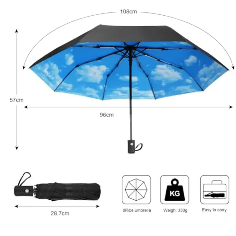 Aolso Ombrello Pieghevole Antivento, Chiusura Automatica Ombrello Pieghevole, Ombrello pieghevole compatto anti-tempesta, UPF>50+ Ombrello da Sole, Ombrello Automatico a 8 Stecche (Baiyun) miniatura 2