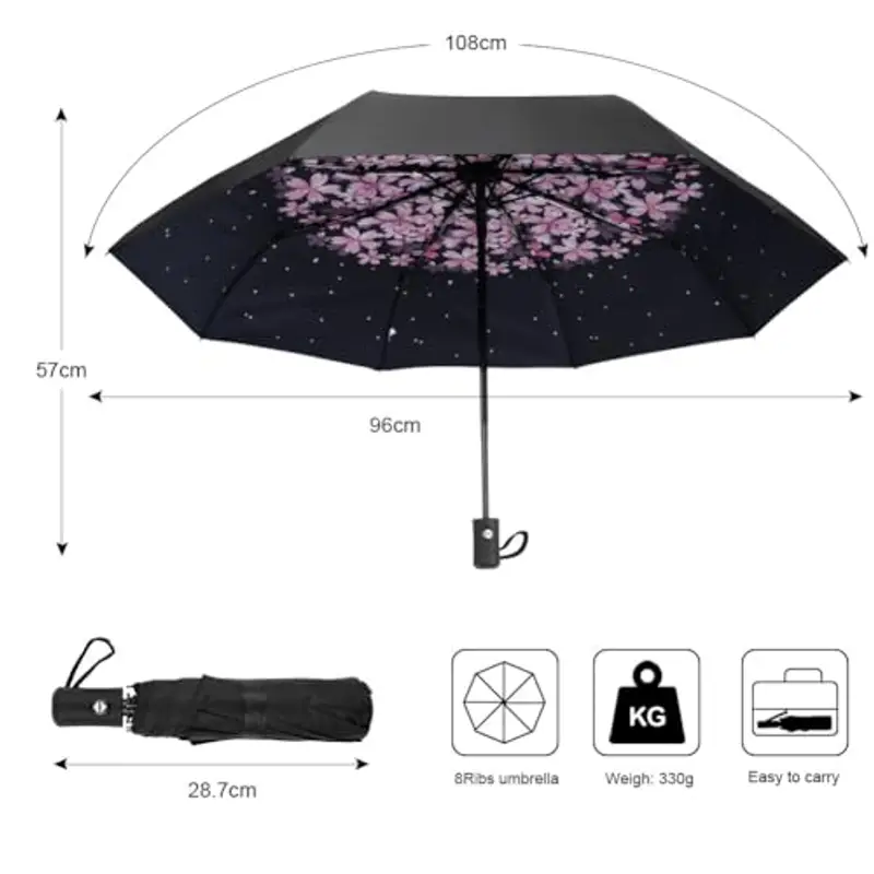 Aolso Ombrello Pieghevole Antivento, Chiusura Automatica Ombrello Pieghevole, Ombrello pieghevole compatto anti-tempesta, UPF>50+ Ombrello da Sole, Ombrello Automatico a 8 Stecche (Fiori di Ciliegio) miniatura 2