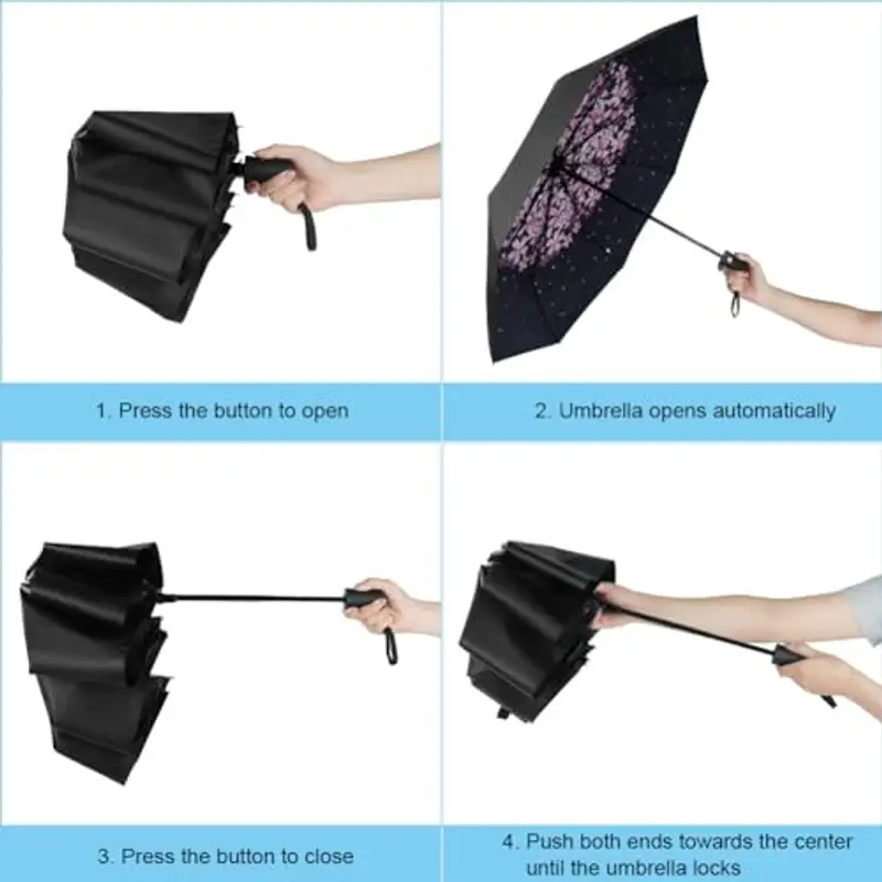 Aolso Ombrello Pieghevole Antivento, Chiusura Automatica Ombrello Pieghevole, Ombrello pieghevole compatto anti-tempesta, UPF>50+ Ombrello da Sole, Ombrello Automatico a 8 Stecche (Fiori di Ciliegio) miniatura 3