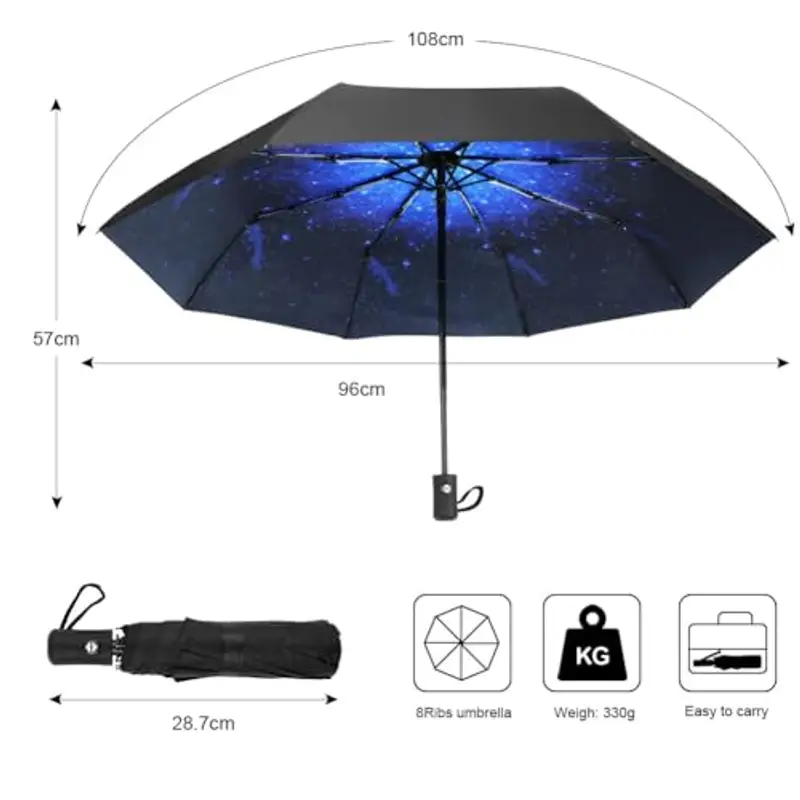 Aolso Ombrello Pieghevole Antivento, Chiusura Automatica Ombrello Pieghevole, Ombrello pieghevole compatto anti-tempesta, UPF>50+ Ombrello da Sole, Ombrello Automatico a 8 Stecche (Stellato Blu) miniatura 2