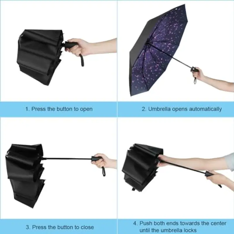 Aolso Ombrello Pieghevole Antivento, Chiusura Automatica Ombrello Pieghevole, Ombrello pieghevole compatto anti-tempesta, UPF>50+ Ombrello da Sole, Ombrello Automatico a 8 Stecche (Stellato Viola) miniatura 3