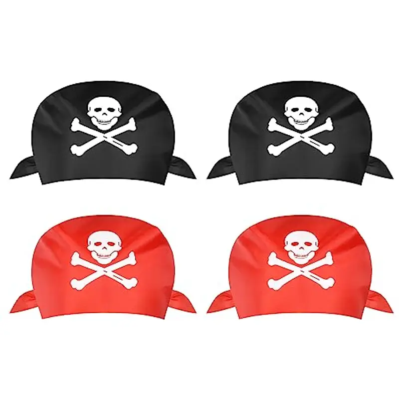 Aomig Bandana Pirata, 4 Pezzi Bandana Nera Rossa Accessori Pirata di Stampa Del Cranio, Sciarpa a Testa di Pirata Accessori per Costume da Pirata, per Cosplay, Halloween, Carnevale, Feste a Tema
