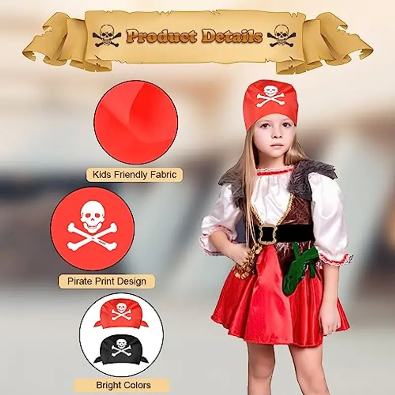 Aomig Bandana Pirata, 4 Pezzi Bandana Nera Rossa Accessori Pirata di Stampa Del Cranio, Sciarpa a Testa di Pirata Accessori per Costume da Pirata, per Cosplay, Halloween, Carnevale, Feste a Tema miniatura 2