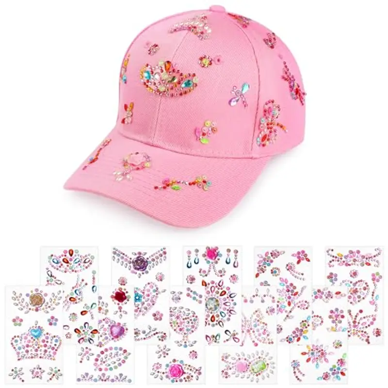 Aomig Cappello Baseball Bambino, Berretto Bambino con Visiera Regolabile, Cappellino da Baseball con Adesivi Strass Estivo Cappello con Visiera Bambini per Protezione UV, Tinta Unita(Rosa)
