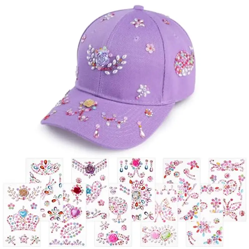 Aomig Cappello Baseball Bambino, Berretto Bambino con Visiera Regolabile, Cappellino da Baseball con Adesivi Strass Estivo Cappello con Visiera Bambini per Protezione UV, Tinta Unita(Viola)