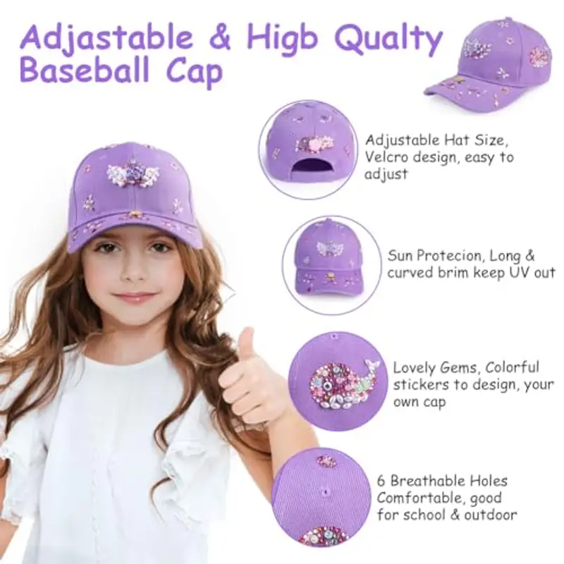 Aomig Cappello Baseball Bambino, Berretto Bambino con Visiera Regolabile, Cappellino da Baseball con Adesivi Strass Estivo Cappello con Visiera Bambini per Protezione UV, Tinta Unita(Viola) miniatura 3