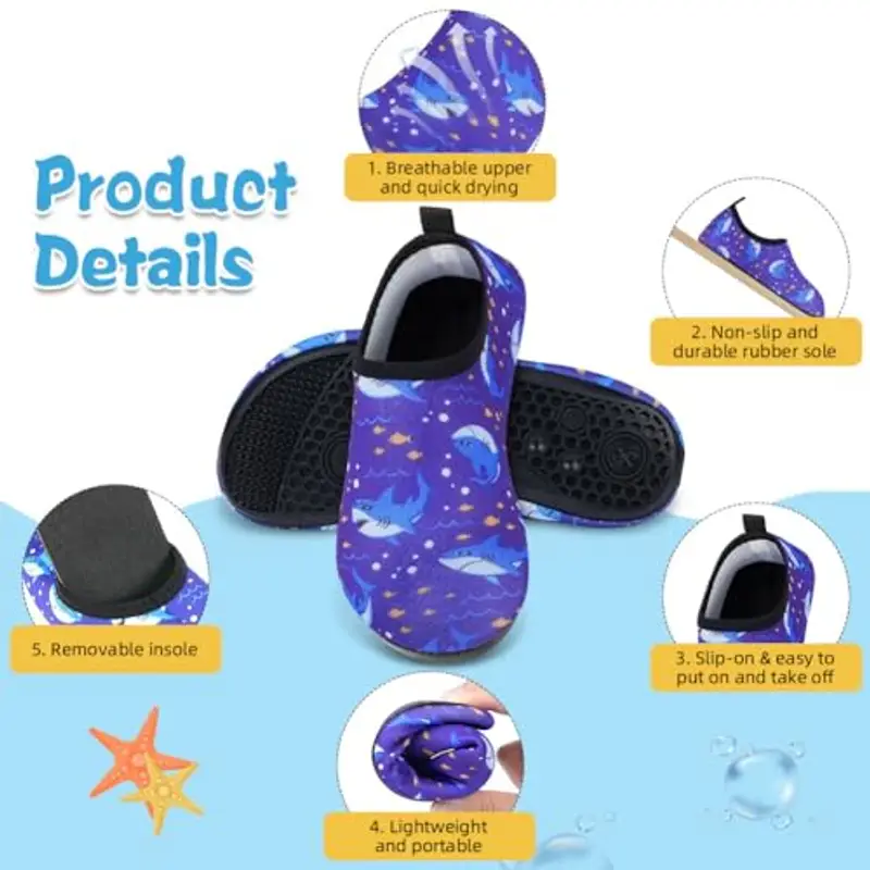AOOSU Scarpe da Acqua per Bambini, Bambino Bambina Scarpe da Spiaggia, Scarpe da Immersione Bambino, Antiscivolo ad Asciugatura Rapida per Immersioni Bagno Surf Nuoto (Squalo) miniatura 3
