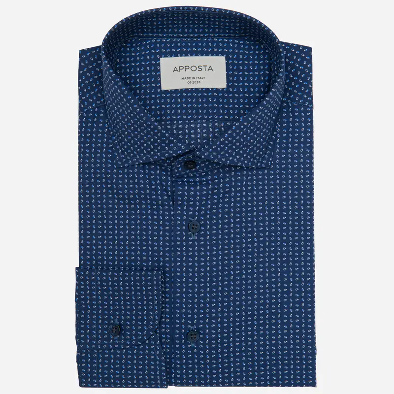 Camicia fantasie blu cotone tessuto con armatura a tela, collo stile collo francese aggiornato a punte corte