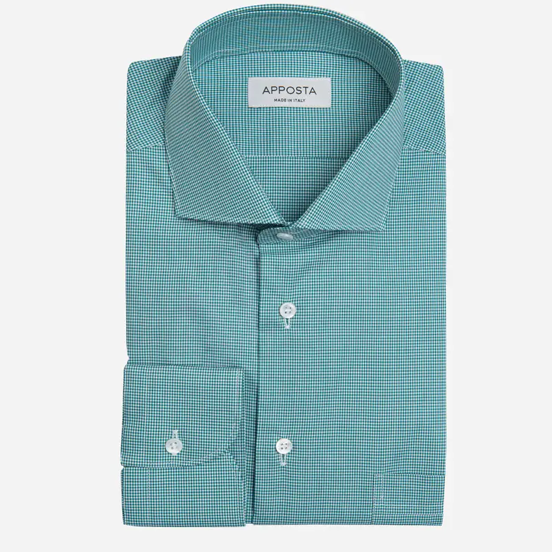 Camicia quadri piccoli verde cotone zephir, collo stile collo francese aggiornato a punte corte