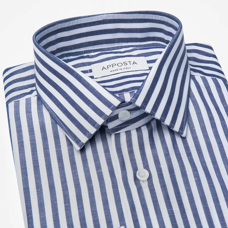 Camicia righe blu cotone-lino tessuto con armatura a tela, collo stile collo italiano aggiornato a punte corte miniatura 2