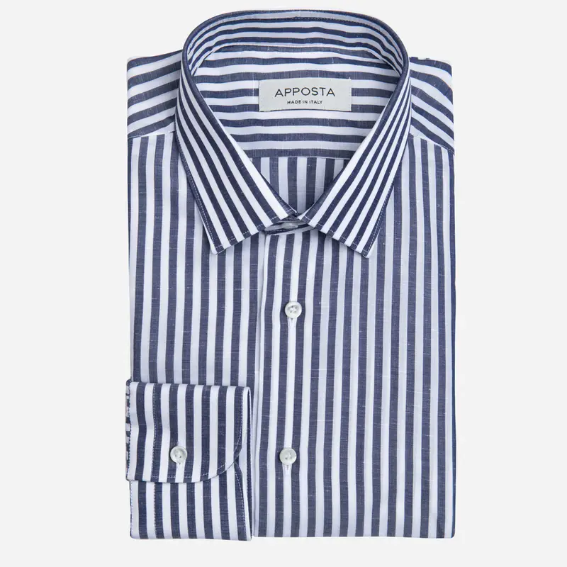 Camicia righe blu cotone-lino tessuto con armatura a tela, collo stile collo italiano aggiornato a punte corte