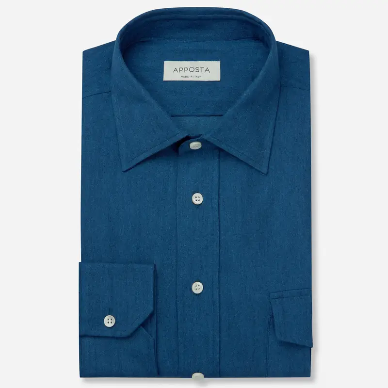 Camicia tinta unita blu cotone denim, collo stile collo italiano basso