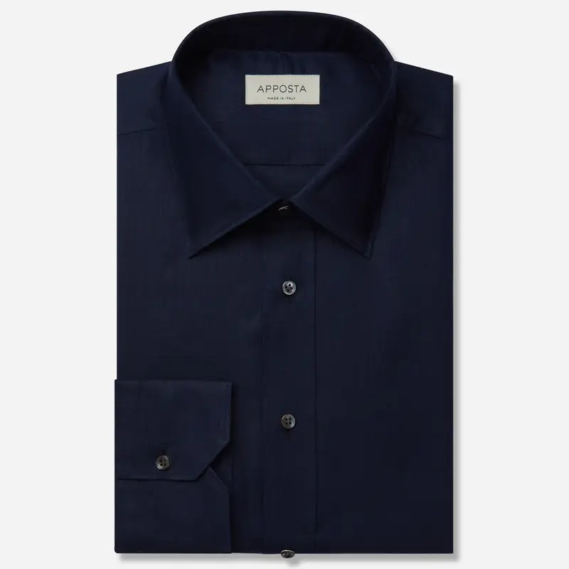 Camicia tinta unita blu lino tessuto con armatura a tela, collo stile collo italiano basso