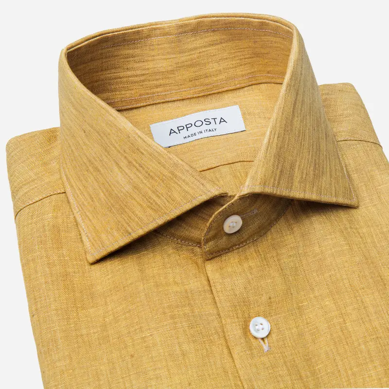 Camicia tinta unita giallo lino tessuto con armatura a tela lino di normandia, collo stile collo francese basso miniatura 2