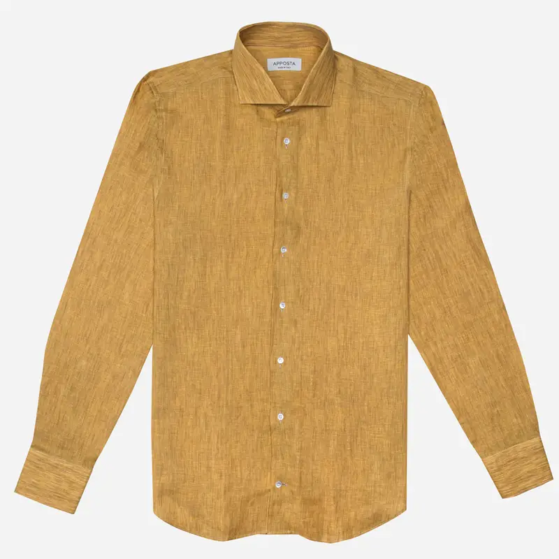Camicia tinta unita giallo lino tessuto con armatura a tela lino di normandia, collo stile collo francese basso miniatura 3
