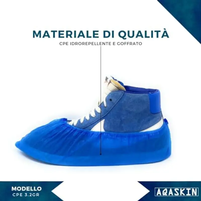 AQASKIN - 100 Copriscarpe Monouso Resistenti 3, 2g - Calzari Usa e Getta in CPE - DPI Dispositivi di Protezione Individuale - Pulizia per la Casa - Giardinaggio - Colore BLU miniatura 3
