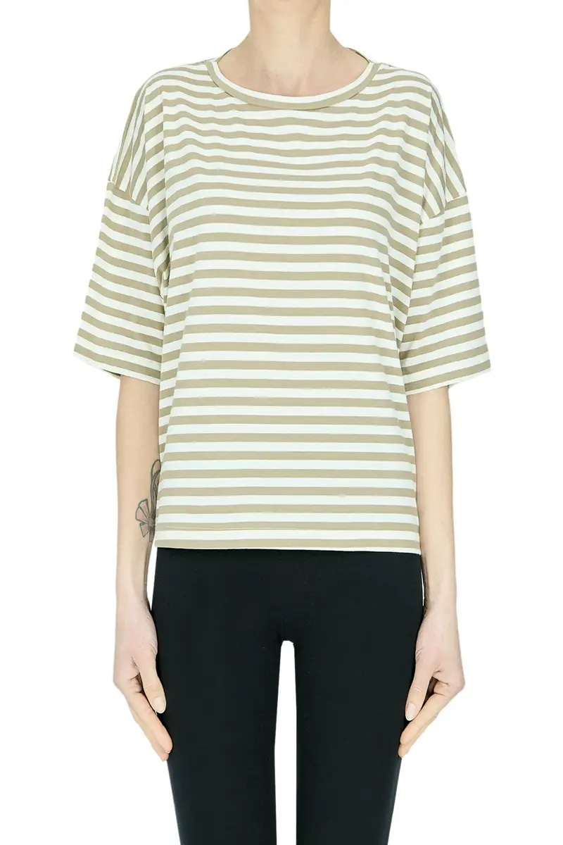 T-shirt boxy a righe Cammello
