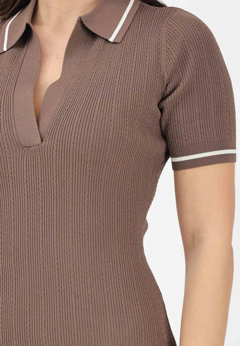 Abito midi marrone da donna in maglia a costine miniatura 3