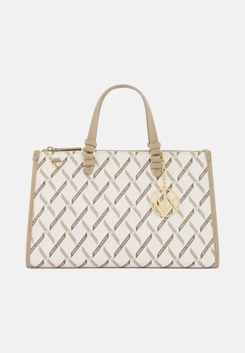 Borsa a mano bianca e beige da donna con logo all-over