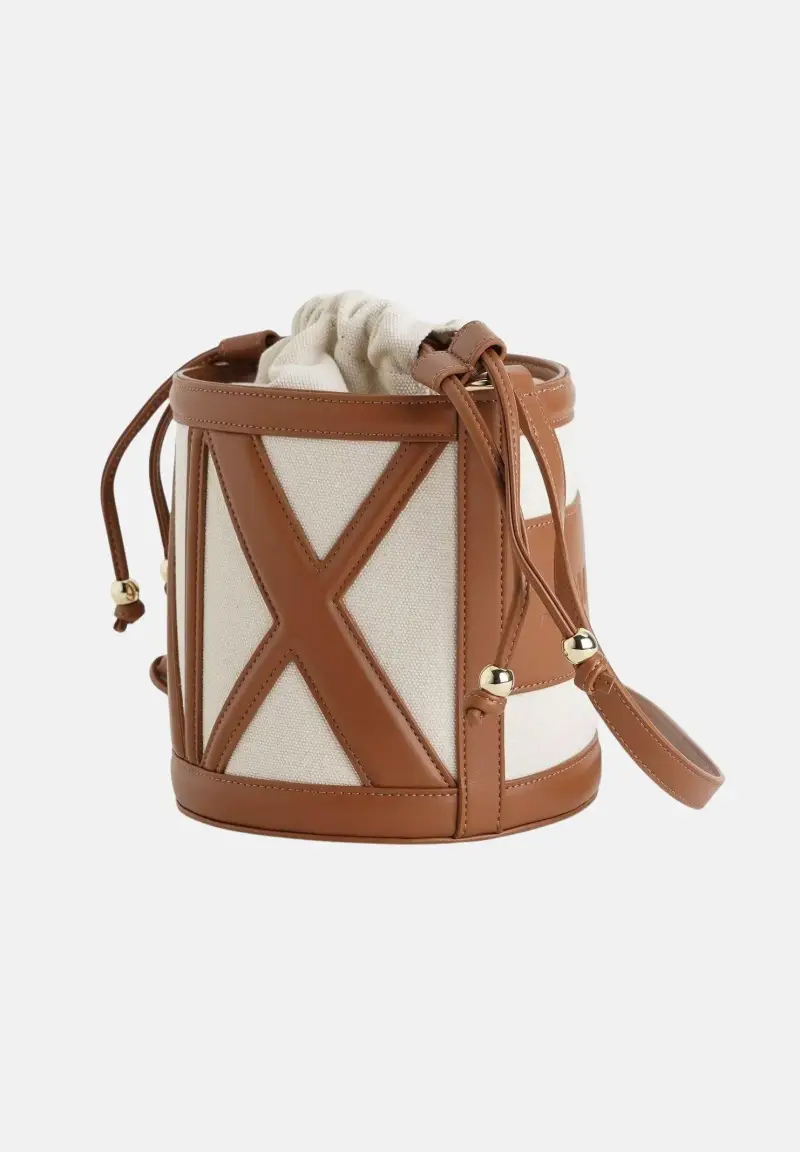 Borsa a tracolla beige e cuoio da donna con logo miniatura 2