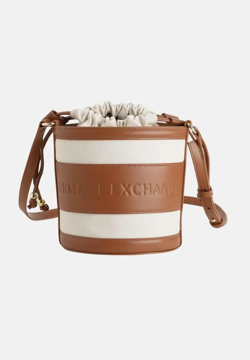 Borsa a tracolla beige e cuoio da donna con logo miniatura 3