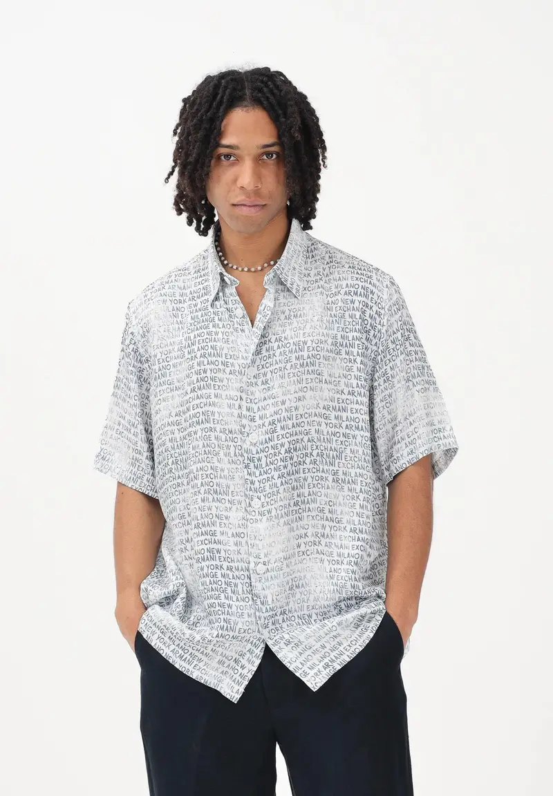 Camicia a manica corta bianca da uomo con stampa logo all-over miniatura 2